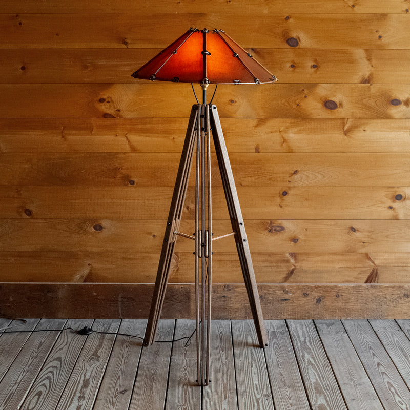 Leather Tripod Floor Lamp Tripod Lamp with Red Brown Leather Shade Dartbrook Rustic Goods
