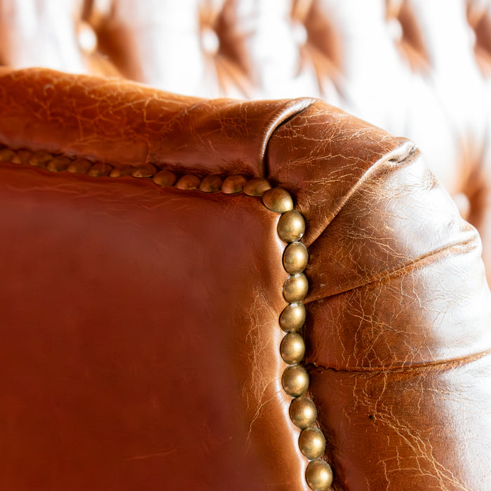 Tufted Distressed Brown Leather Sofa, Tack Detail
