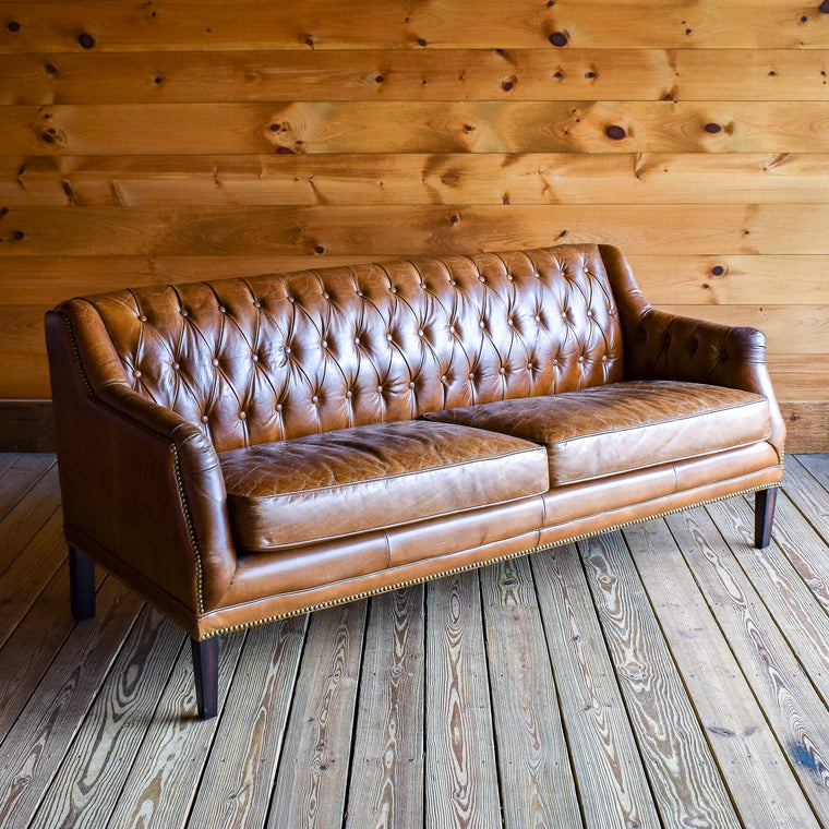 Tufted Distressed Brown Leather Sofa, Tack Detail