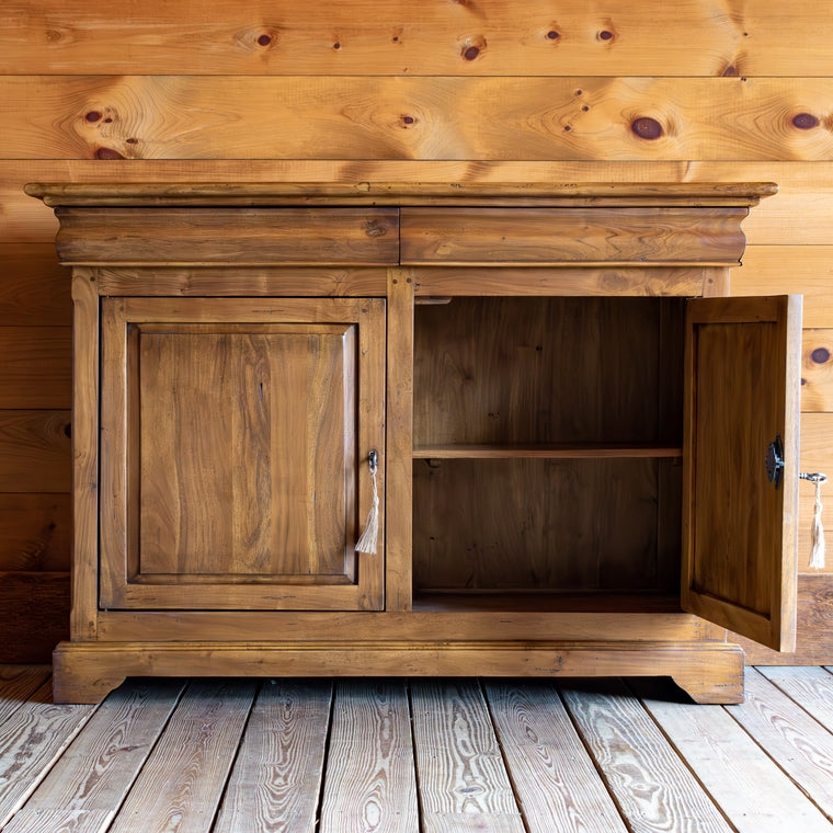 Rustic Walnut Cabinet With Adjustable Shelves and Hidden Drawers, Profile VIew