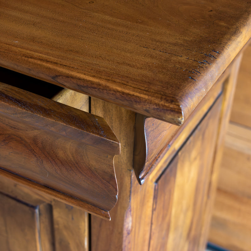 Rustic Walnut Cabinet With Adjustable Shelves and Hidden Drawers, Top and Drawer Detail