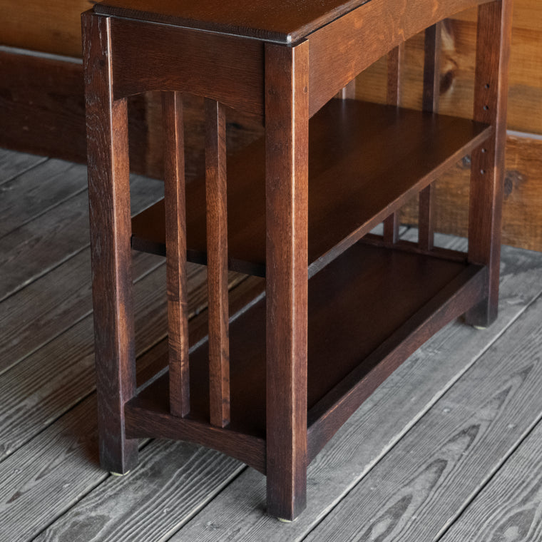 Small Mission-Style Oak Bookcase with Rich Brown-Red Finish, Top Detail