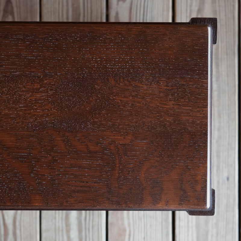 Small Mission-Style Oak Bookcase with Rich Brown-Red Finish, Top Detail