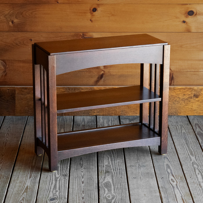 Small Mission-Style Oak Bookcase with Rich Brown-Red Finish, Angled Front View