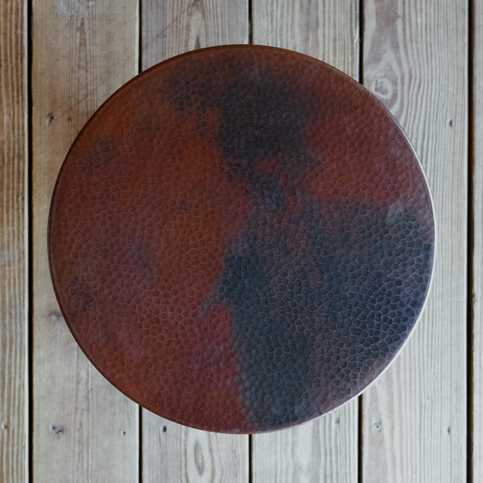 Solid Oak Tri-Leg Side Table with Lower Shelf and Hammered Copper Top, Top View
