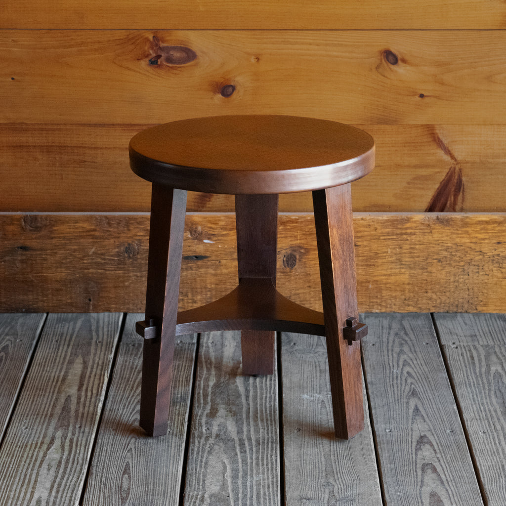 Solid Oak Tri-Leg Side Table with Lower Shelf and Hammered Copper Top, Front View