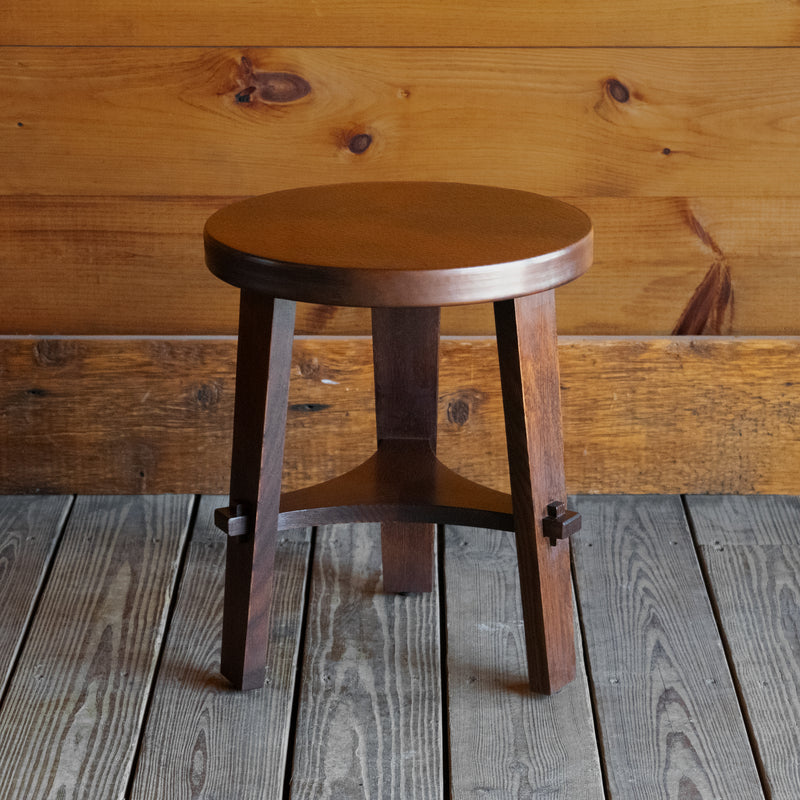 Solid Oak Tri-Leg Side Table with Lower Shelf and Hammered Copper Top, Front View