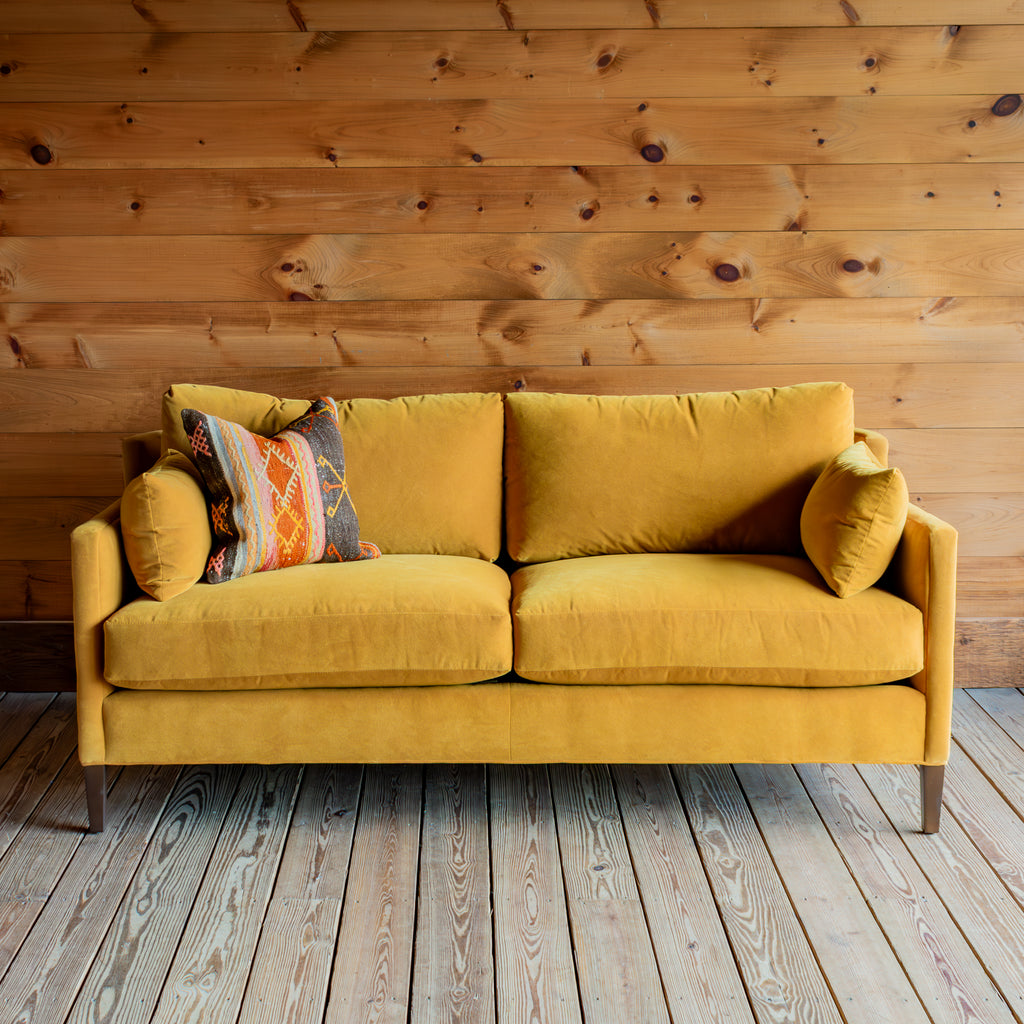 Golden Yellow Loose Back Mini Sofa, Styled with Kilim Pillow