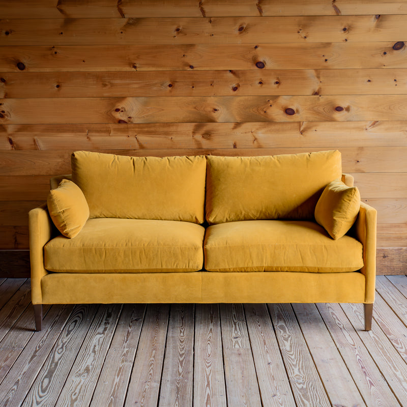 Golden Yellow Loose Back Sofa With Matching Kidney Pillows