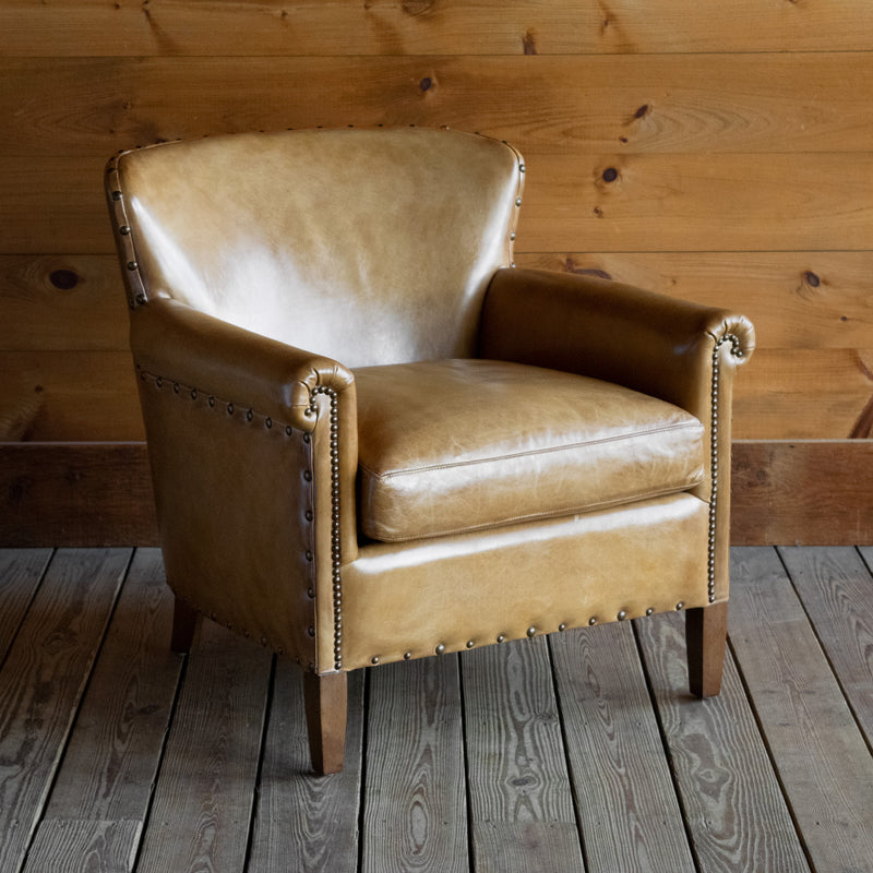 Rustic Caramel Burnished Leather Chair with Tight Back, Rolled Arms, Nailhead Trim, and Hardwood Frame