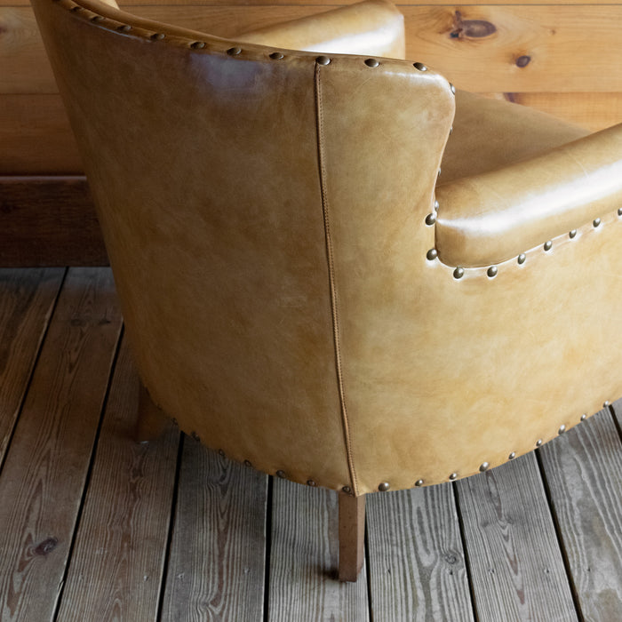 Rustic Caramel Burnished Leather Chair with Tight Back, Rolled Arms, Nailhead Trim, and Hardwood Frame