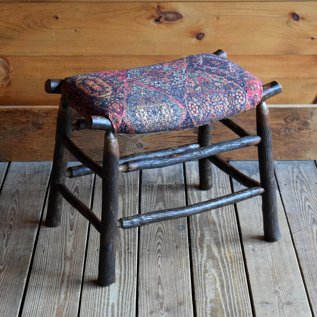 Rustic Hickory Camp Stool Upholstered in Vibrant Rug Tapestry Fabric