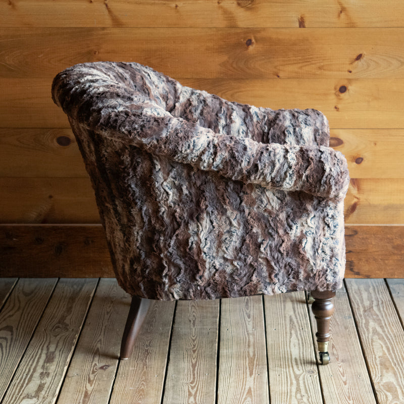 Traditional Chesterfield Style Rolled Arm, Button-Tufted Arm Chair in Wild Rabbit Faux-Fur Fabric