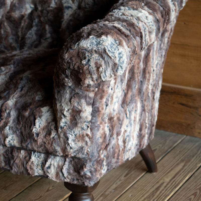 Traditional Chesterfield Style Rolled Arm, Button-Tufted Arm Chair in Wild Rabbit Faux-Fur Fabric