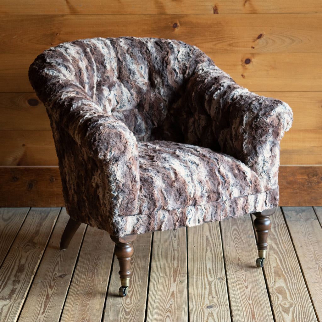 Traditional Chesterfield Style Rolled Arm, Button-Tufted Arm Chair in Wild Rabbit Faux-Fur Fabric