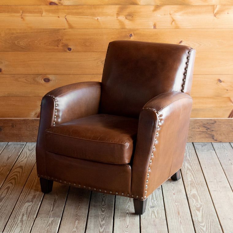 Rustic Vintage Cigar Leather Upholstered Club Chair with Nailhead