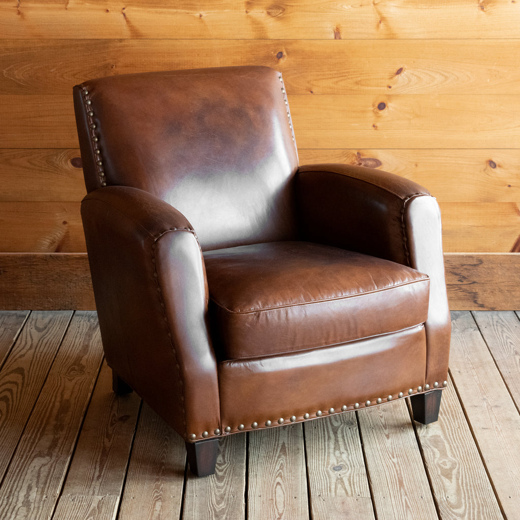 Rustic Vintage Cigar Leather Upholstered Club Chair with Nailhead