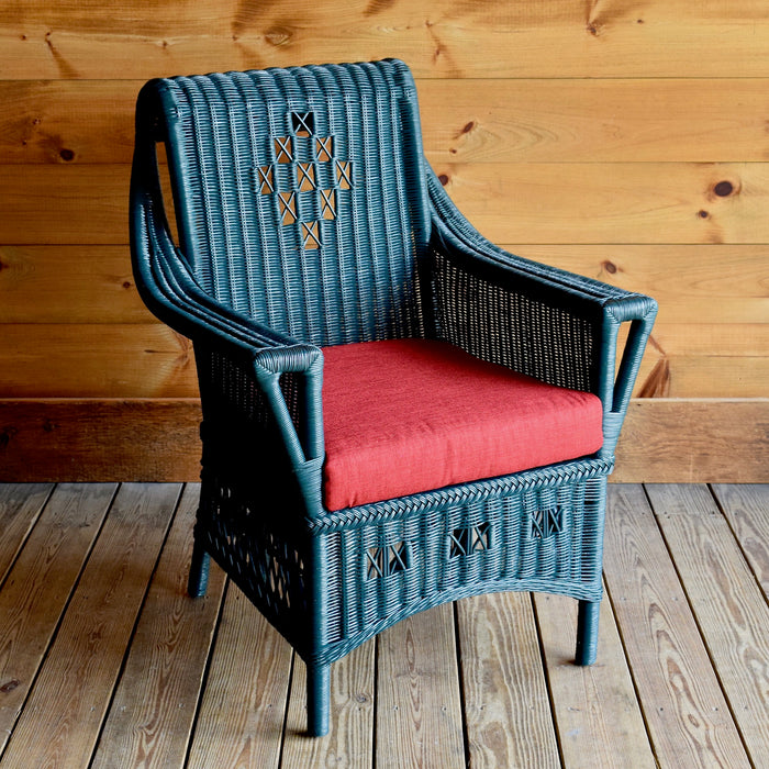 Green Wicker Infinity Porch Chair with Red Seat Cushion