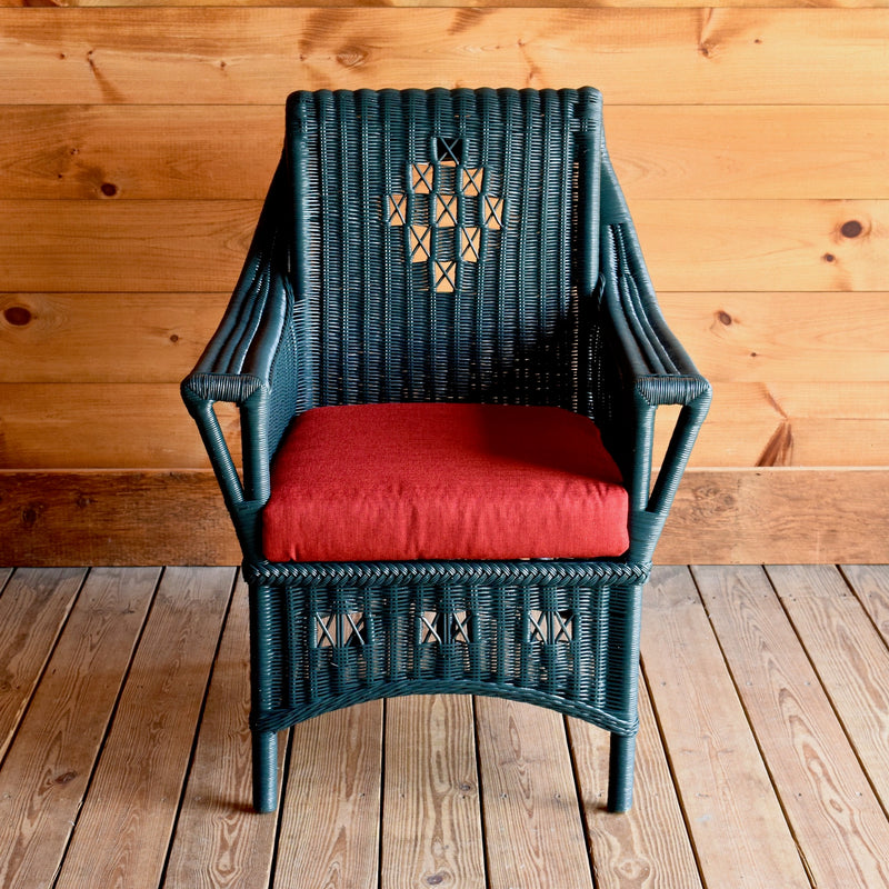 Green Wicker Infinity Porch Chair with Red Seat Cushion