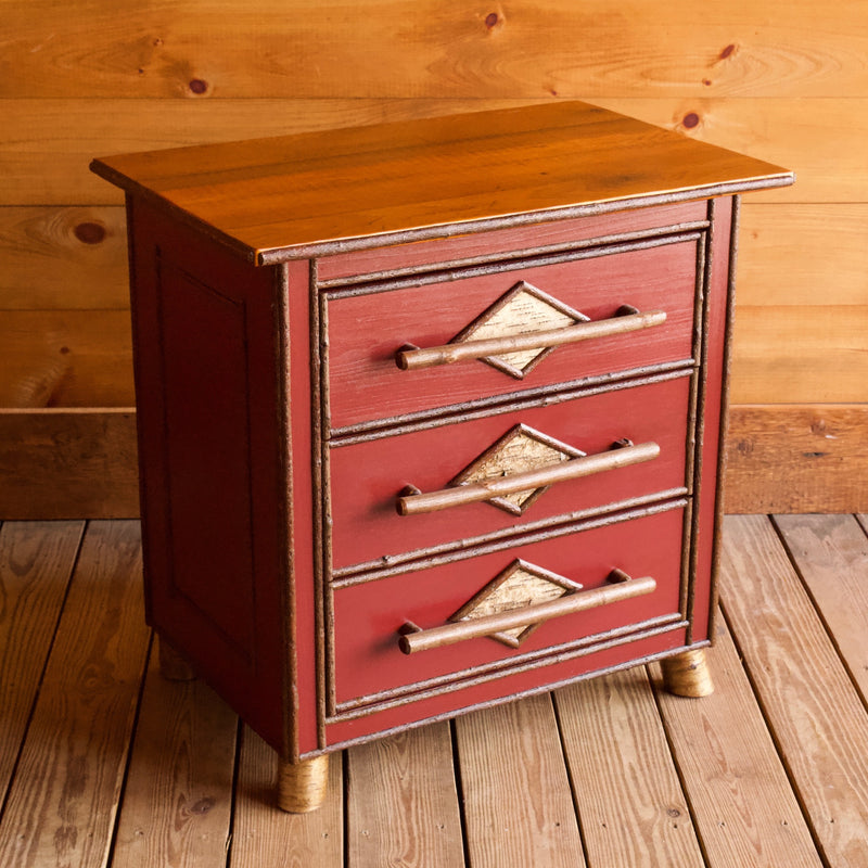 Red Painted Hawk Island Night Stand Dresser with White Birch and Willow Details
