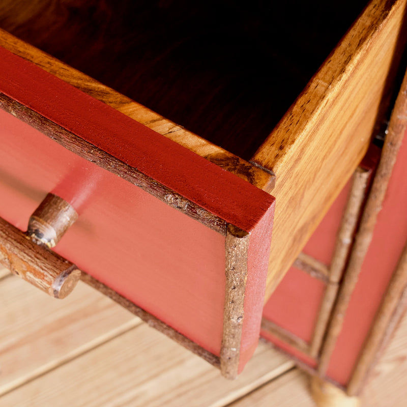 Red Painted Hawk Island Night Stand Dresser with White Birch and Willow Details