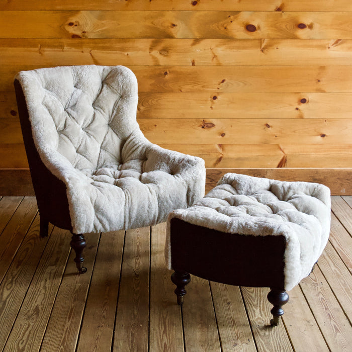 Dusty Beige Shearling and Storm Espresso Leather Chair & Ottoman Pair with Vintage Chestnut Turned Wooden Legs with Casters