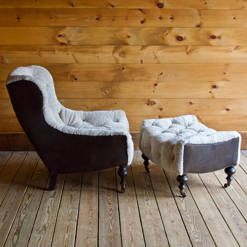 Dusty Beige Shearling and Storm Espresso Leather Chair & Ottoman Pair with Vintage Chestnut Turned Wooden Legs with Casters