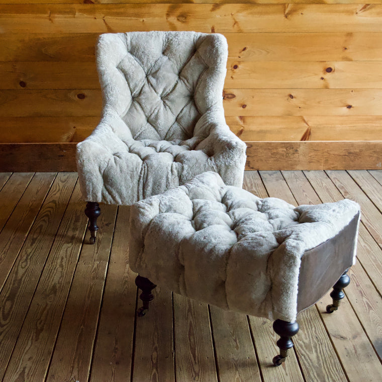 Dusty Beige Shearling and Storm Espresso Leather Chair & Ottoman Pair with Vintage Chestnut Turned Wooden Legs with Casters