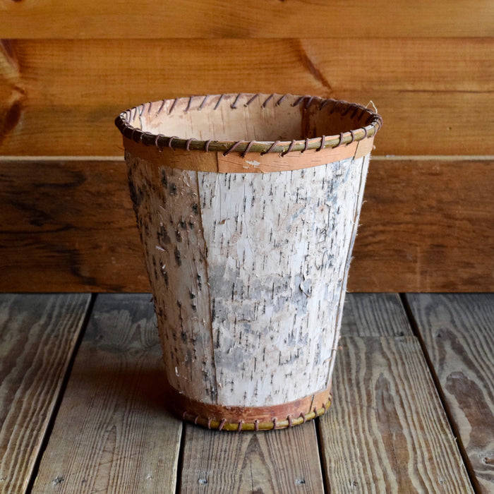 Round Birch Bark Leather Laced Waste Basket