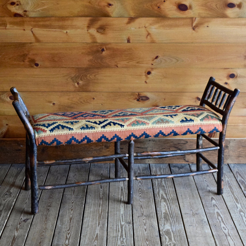 Adirondack Rustic Hickory Bench with Vintage Kilim Seat