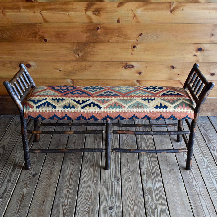 Adirondack Rustic Hickory Bench with Vintage Kilim Seat