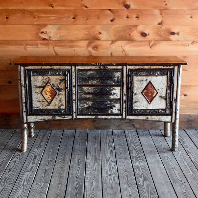 Rustic Adirondack Buffet Cabinet with White Birch and Reverse Birch Decoration