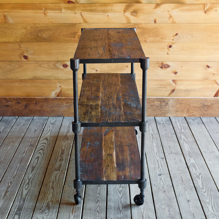 Reclaimed Teak and Recycled Cast Iron Rolling Console Table