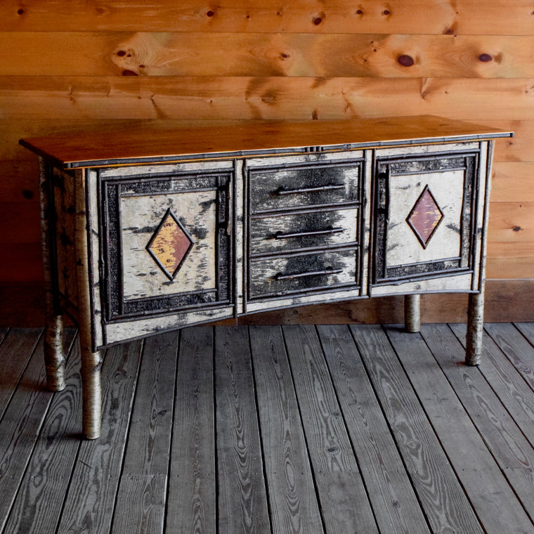 Rustic Adirondack Buffet Cabinet with White Birch and Reverse Birch Decoration