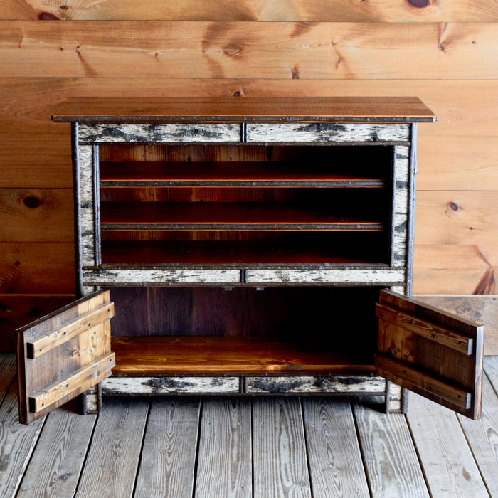 Adirondack Rustic Wine Cabinet with Birch Bark, Antler Handles and Pine Top