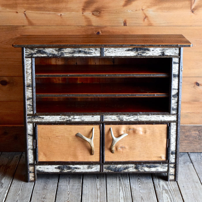 Adirondack Rustic Wine Cabinet with Birch Bark, Antler Handles and Pine Top