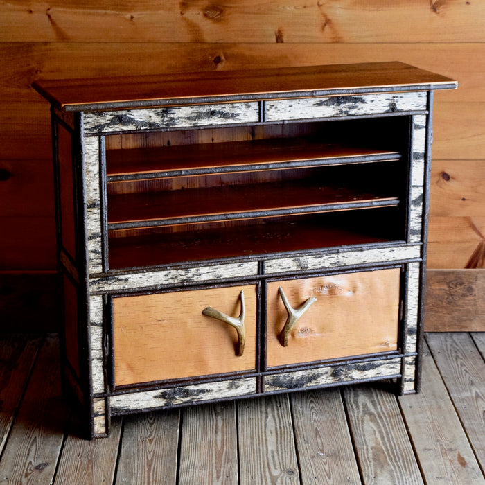 Adirondack Rustic Wine Cabinet with Birch Bark, Antler Handles and Pine Top