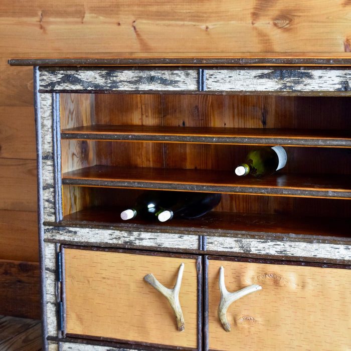 Adirondack Rustic Wine Cabinet with Birch Bark, Antler Handles and Pine Top