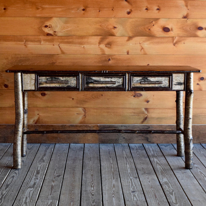 5 Foot Adirondack Rustic White Birch Sofa Table with Barnwood Top and Three Drawers