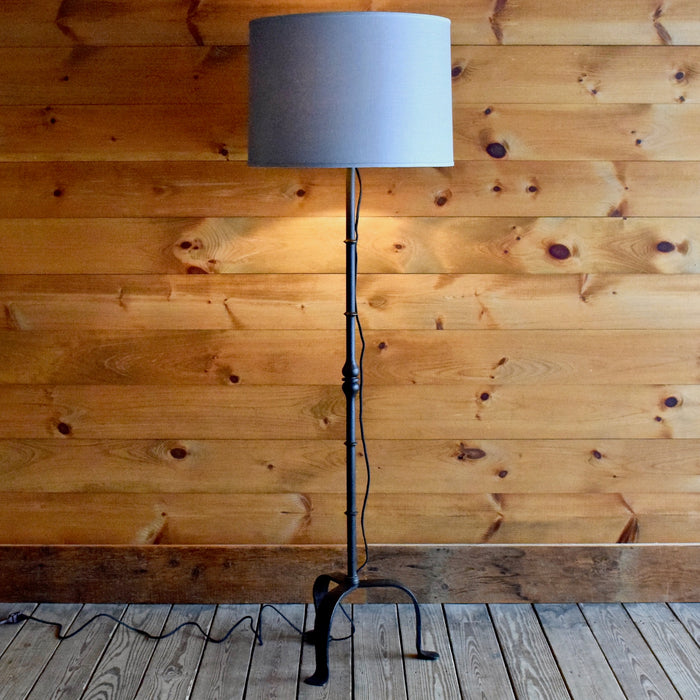 Curved Ornate Forged Iron Floor Lamp with Blue, Gray Linen Shade