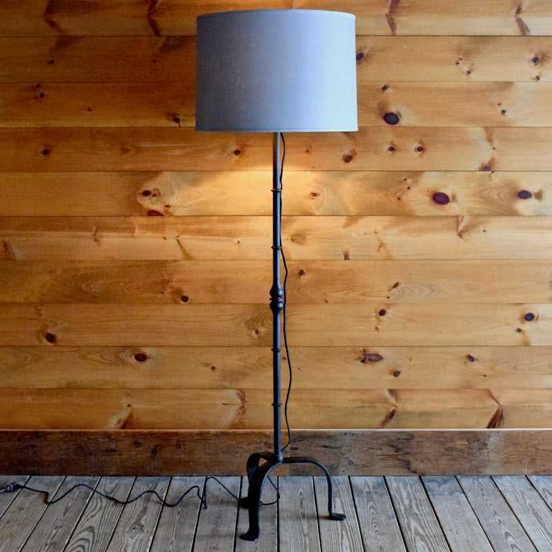 Curved Ornate Forged Iron Floor Lamp with Blue, Gray Linen Shade