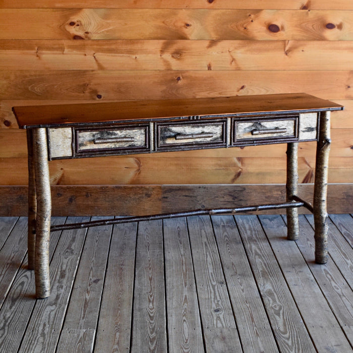 5 Foot Adirondack Rustic White Birch Sofa Table with Barnwood Top and Three Drawers