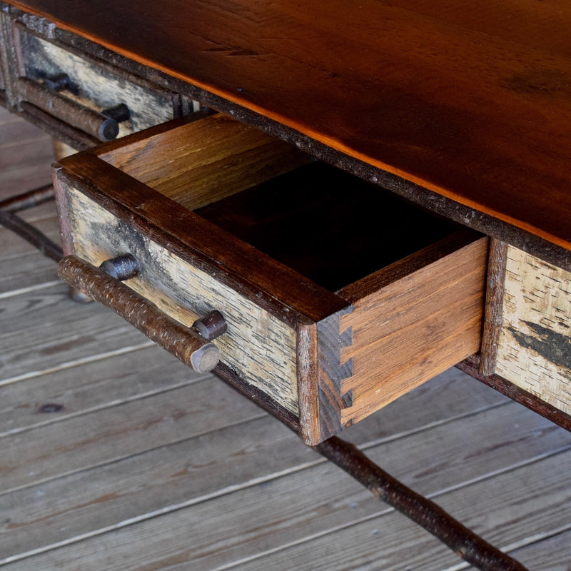 5 Foot Adirondack Rustic White Birch Sofa Table with Barnwood Top and Three Drawers