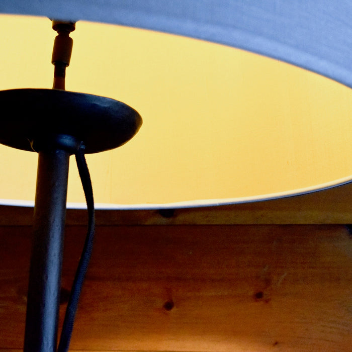 Curved Ornate Forged Iron Floor Lamp with Blue, Gray Linen Shade