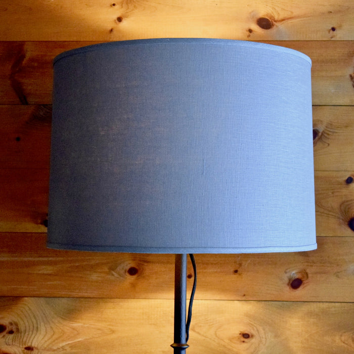 Curved Ornate Forged Iron Floor Lamp with Blue, Gray Linen Shade