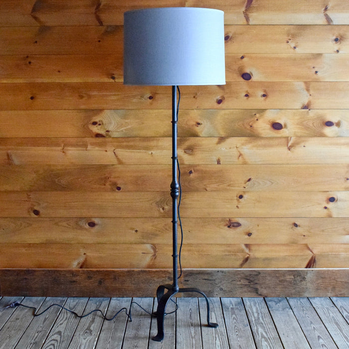 Curved Ornate Forged Iron Floor Lamp with Blue, Gray Linen Shade