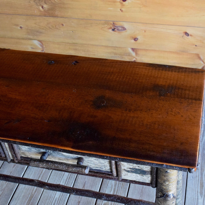 5 Foot Adirondack Rustic White Birch Sofa Table with Barnwood Top and Three Drawers