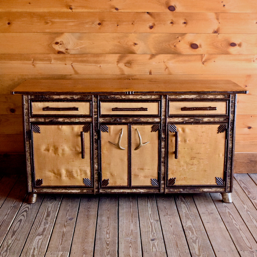 Adirondack Rustic Reverse Birch Bark Sideboard with Antler Handles