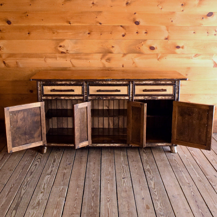 Adirondack Rustic Reverse Birch Bark Sideboard with Antler Handles