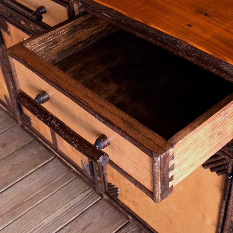 Adirondack Rustic Reverse Birch Bark Sideboard with Antler Handles